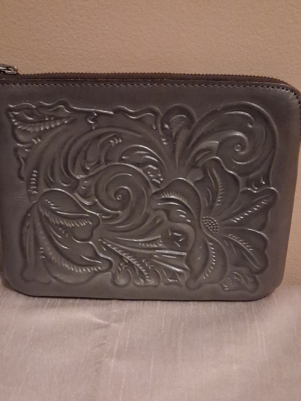 Patrica Nash Gray Tooled Wristlet.brown Suede Interior.